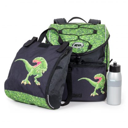dinosaurus motiv på både skoletaske og idrætstaske
